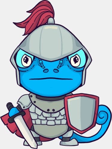 Milton, the Gamably Chameleon dressed as a knight representing a player for a game