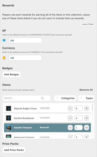 Screenshot of adding rewards to a collection for automatic distribution upon collecting all the collectibles within