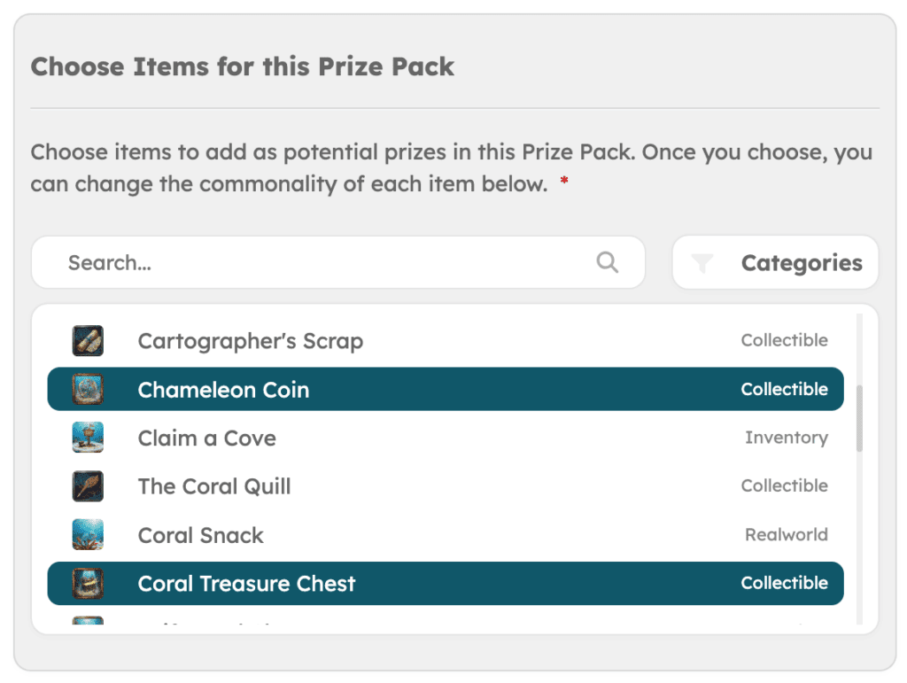 Gamably screenshot showing the options when adding items to a prize pack