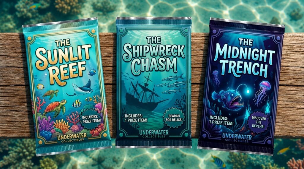 An image of themed rewards on Gamably, the Sunlit Reef, The shipwreck Chasm, and The Midnight Trench, which contain collectibles to engage students