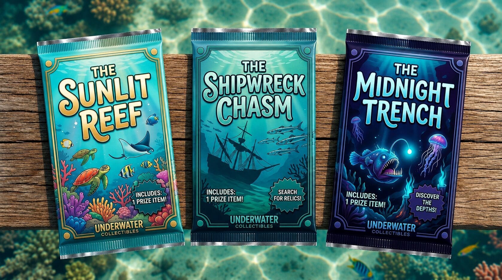 An image of Gamably Prize Packs, the Sunlit Reef, The shipwreck Chasm, and The Midnight Trench, which contain collectibles to engage students