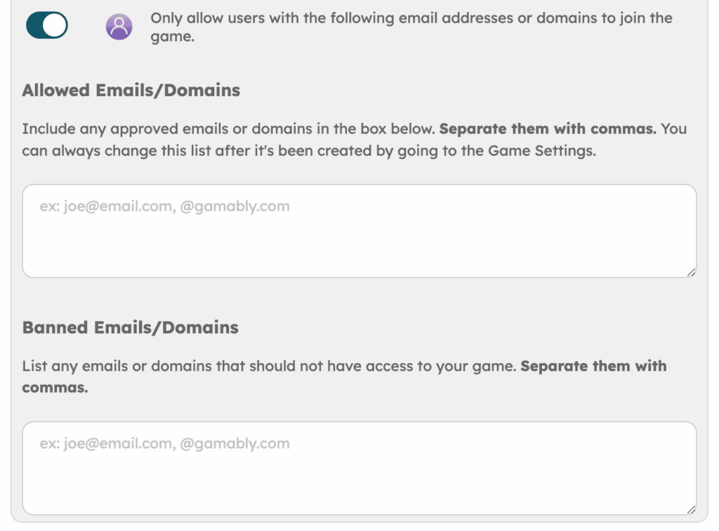 Screenshot of the restriction options when using a Join Code with Gamably