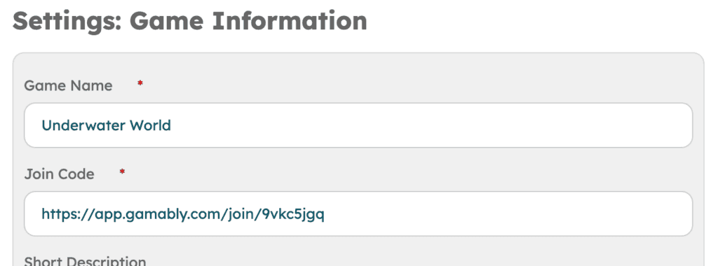 Screenshot of Gamably Join Code in Game Settings: Information