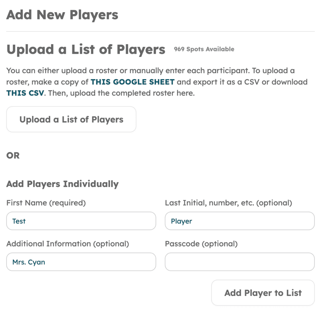 Screenshot of Manual entry of Players into Gamably