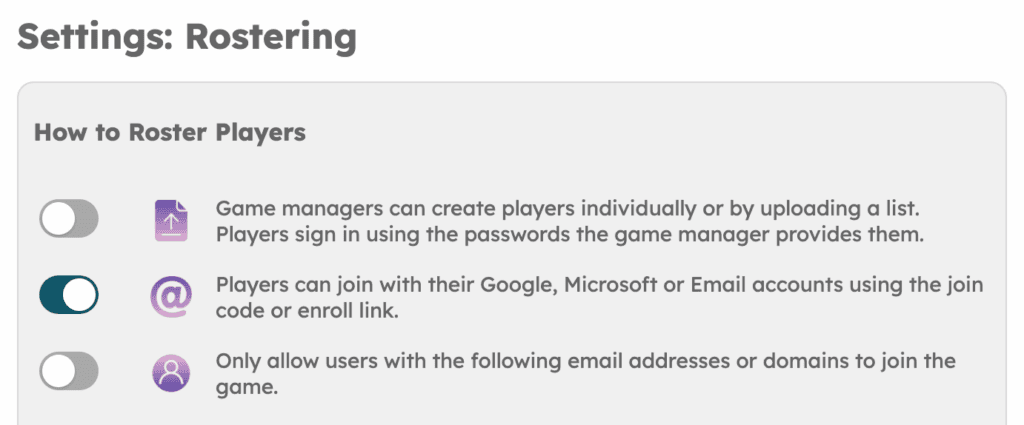 Screenshot of the Rostering Settings with Gamably, Enroll using Join Code selected