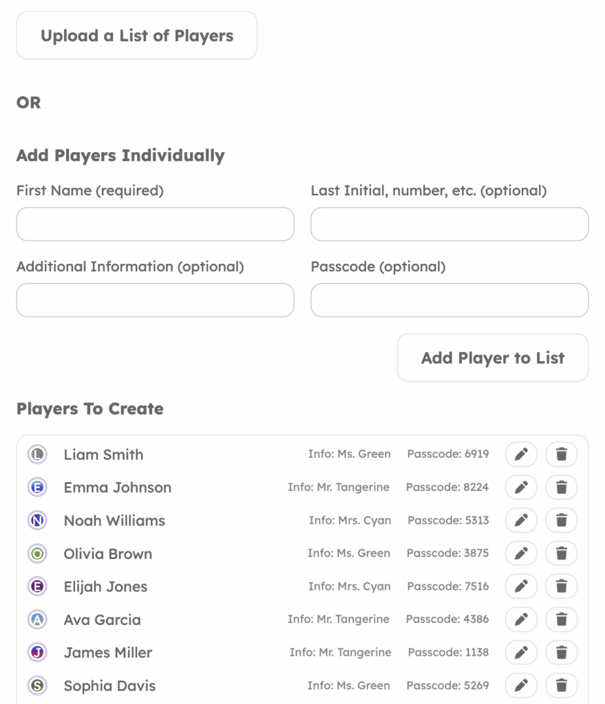 Screenshot of successfully uploaded template into Gamably with automatically generated Player list